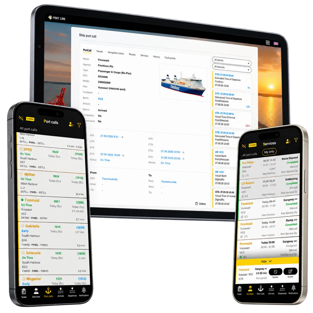 PortLink vessel details, mobile port calls and services in a three-device collage.