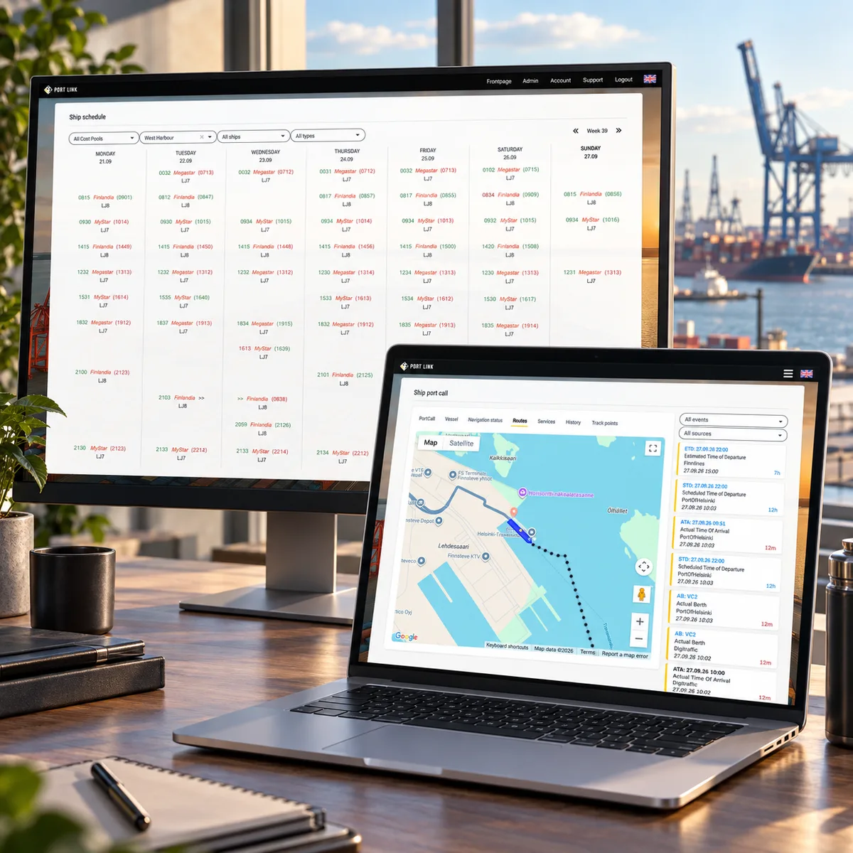 Illustrative harbour office with PortLink’s weekly schedule and vessel-route map.