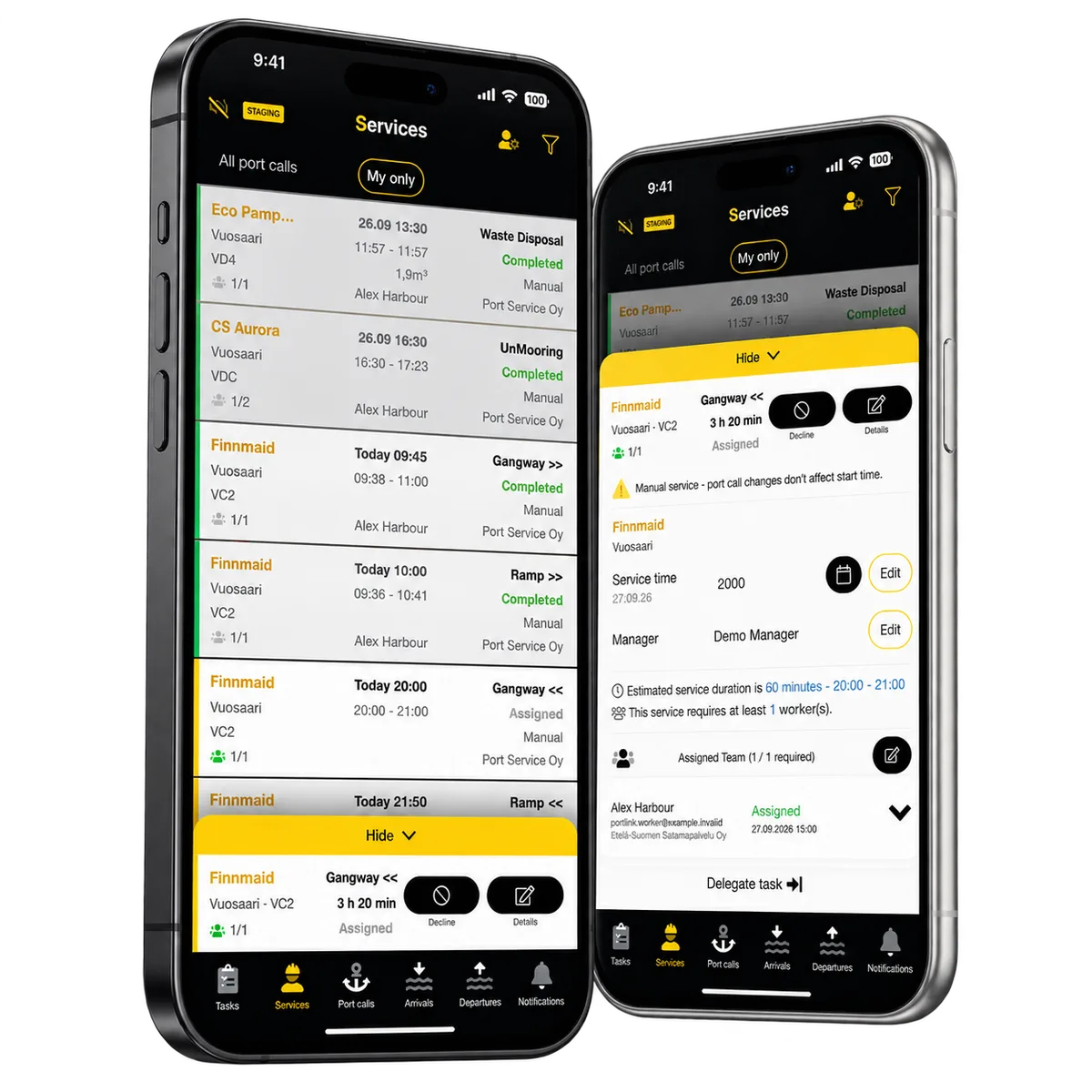 Two PortLink mobile views of services and a manager’s team assignment.