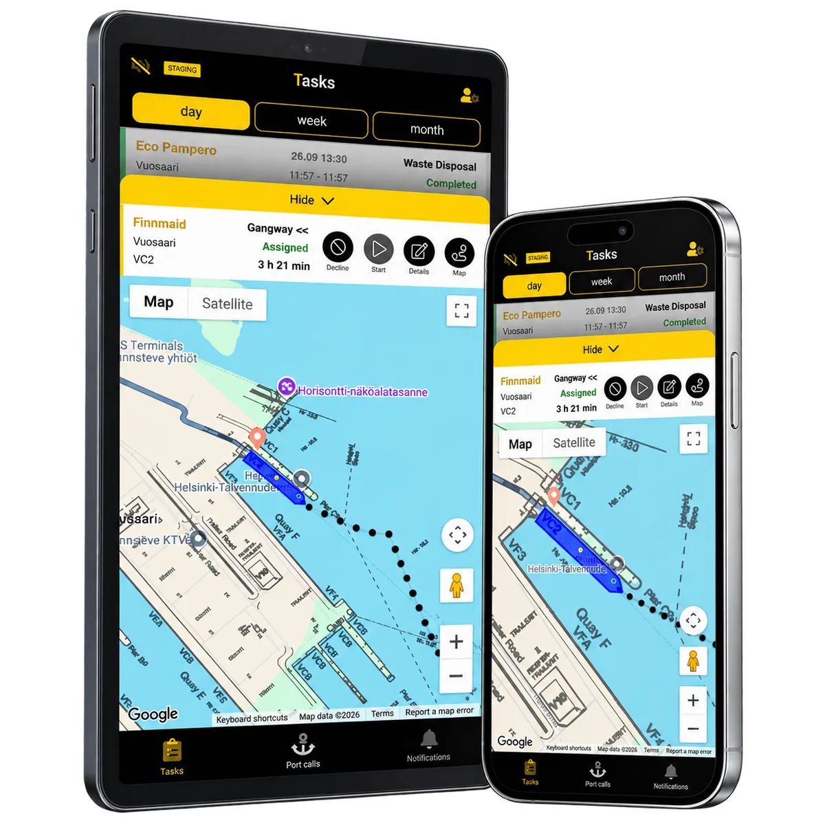 PortLink harbour diagram and close-up vessel position on two handheld devices.