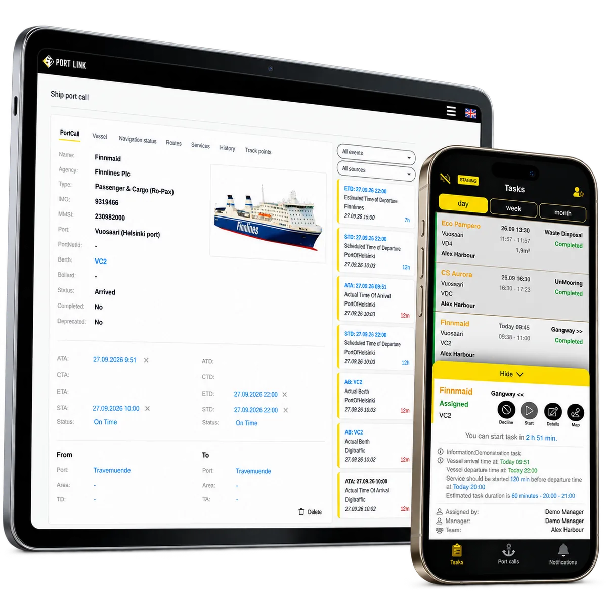 PortLink vessel details and source events on a tablet beside mobile task details.