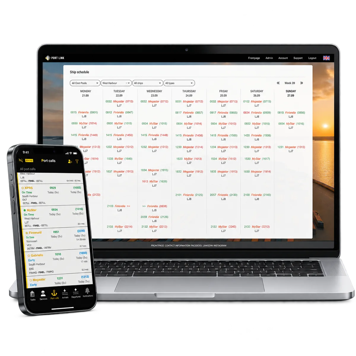 PortLink weekly schedule on a laptop with a mobile port-call list.