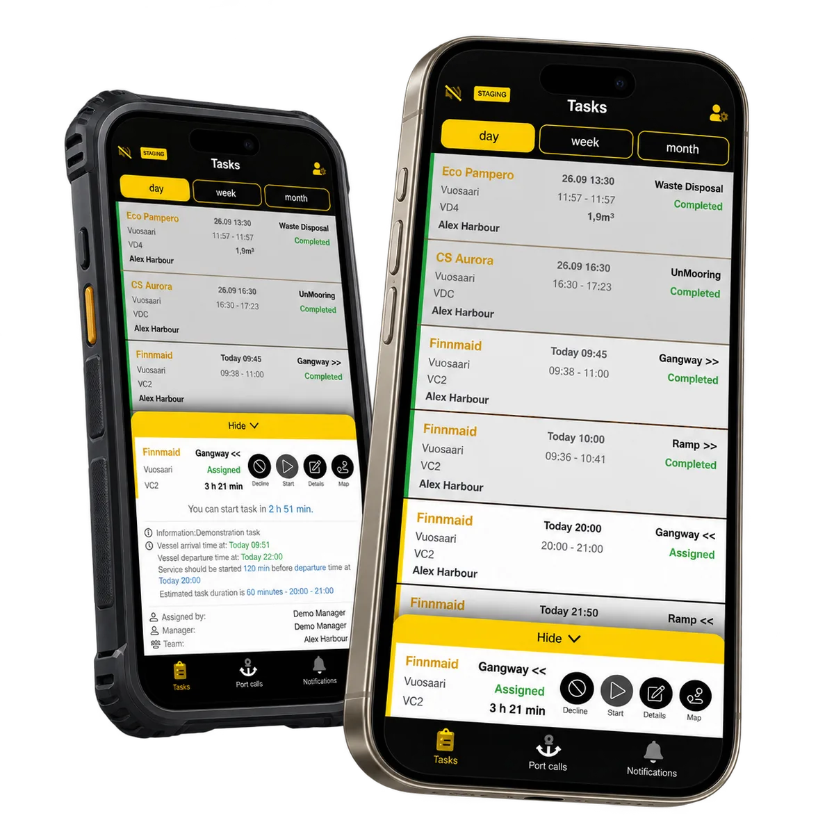 PortLink worker task list and task details on two different phones.