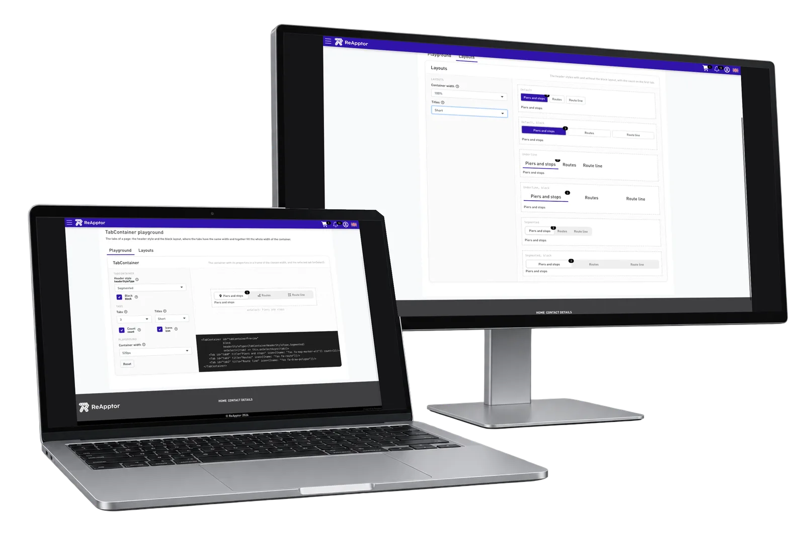 Tab configuration with segmented navigation, usage code and six layout comparisons.