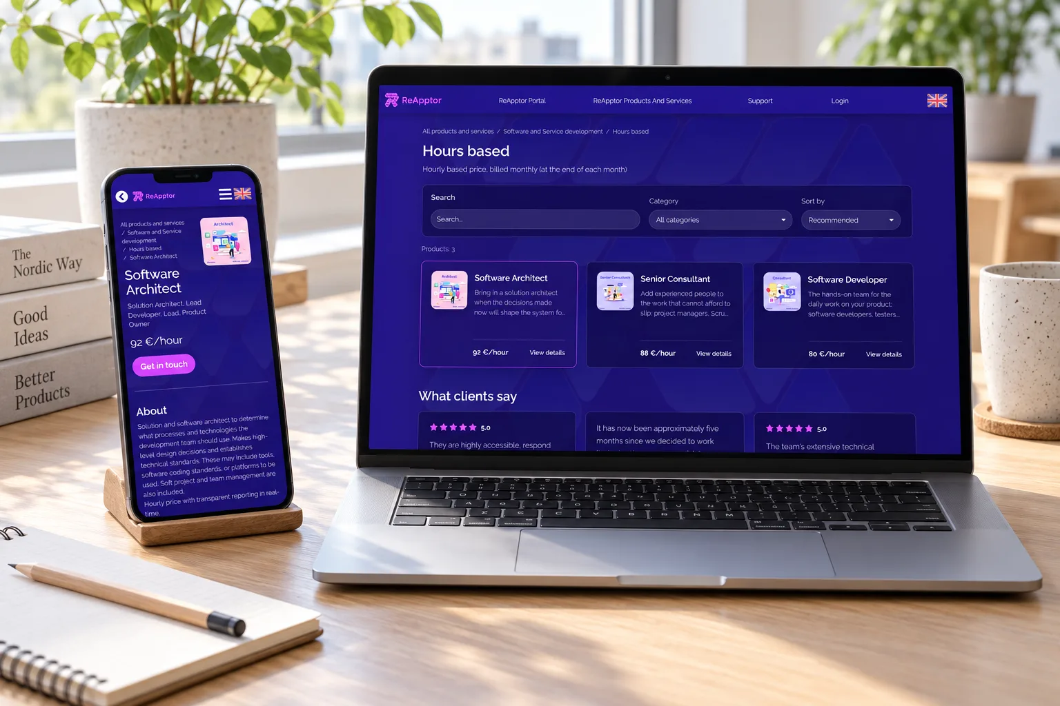 Hourly development services on a laptop and architect details on a phone.
