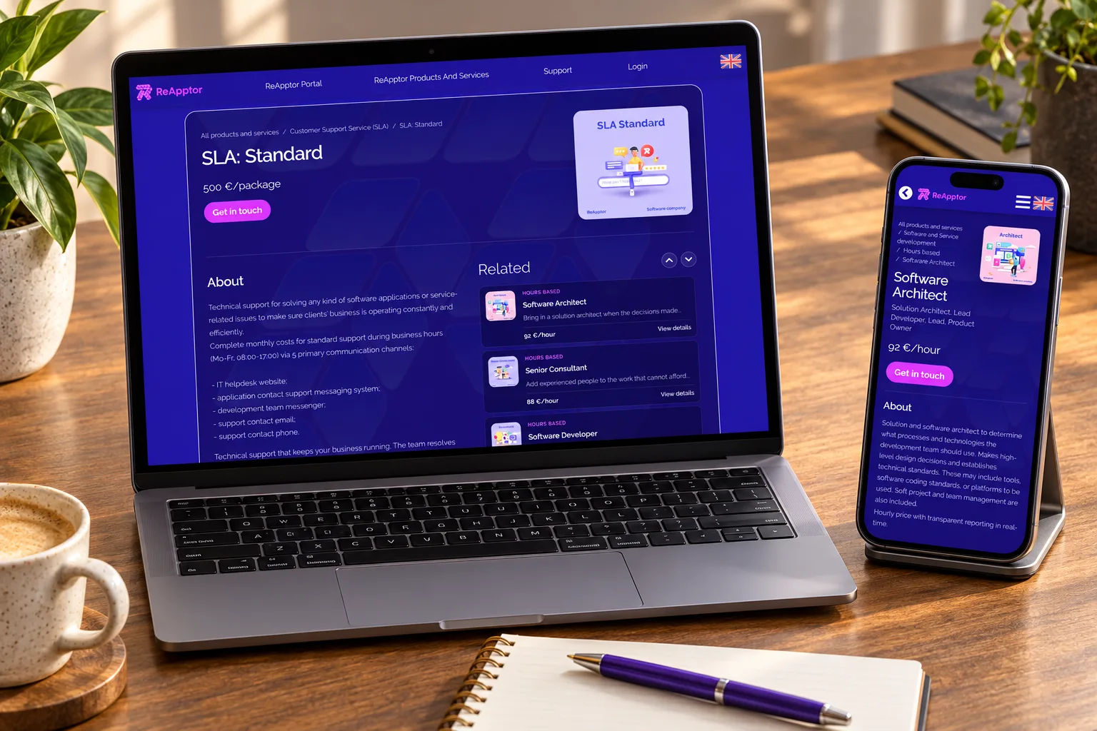 SLA details and an architecture offer with the real Get in touch action.