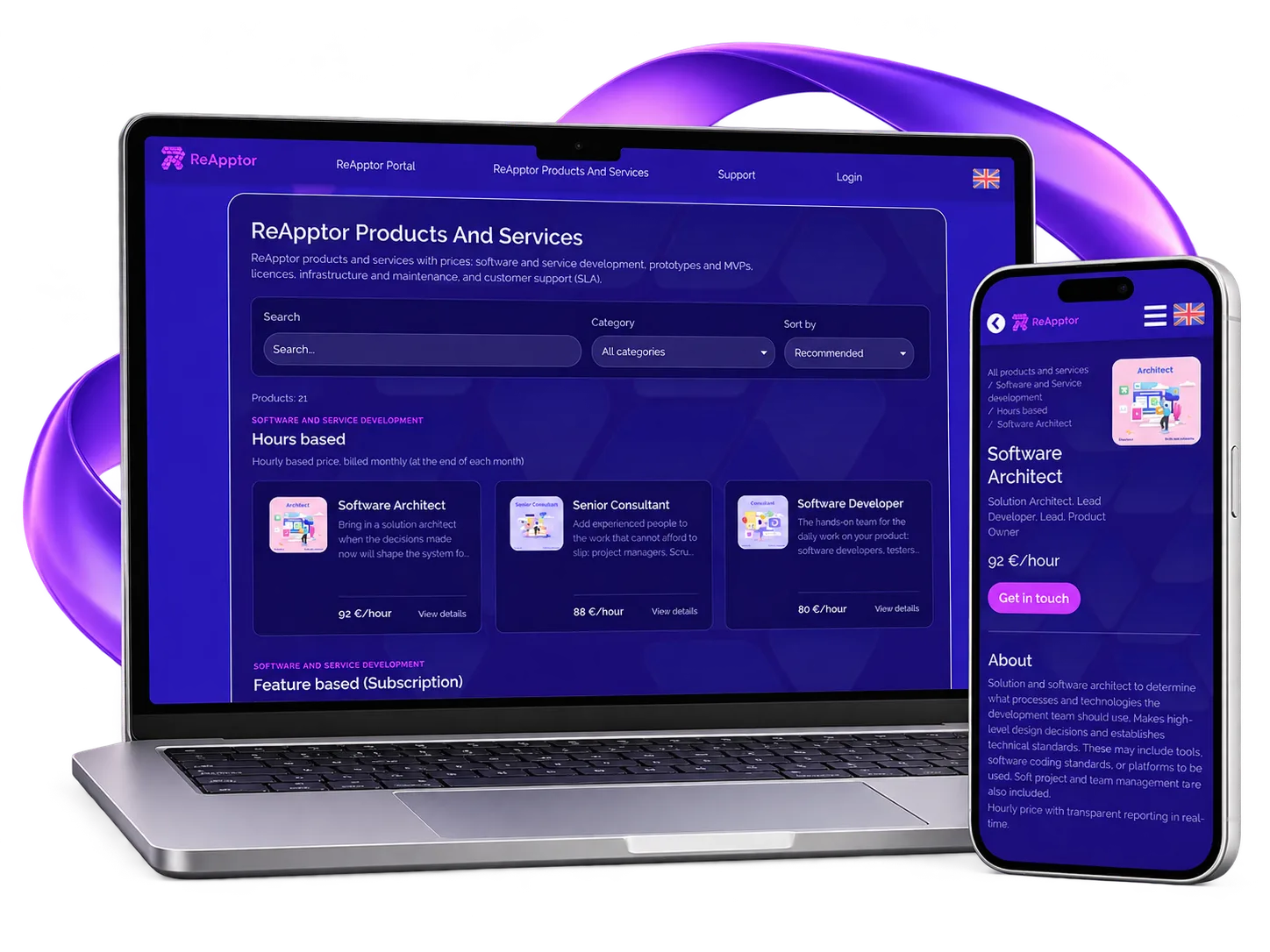 Portal service catalogue and an architecture service detail on desktop and mobile.