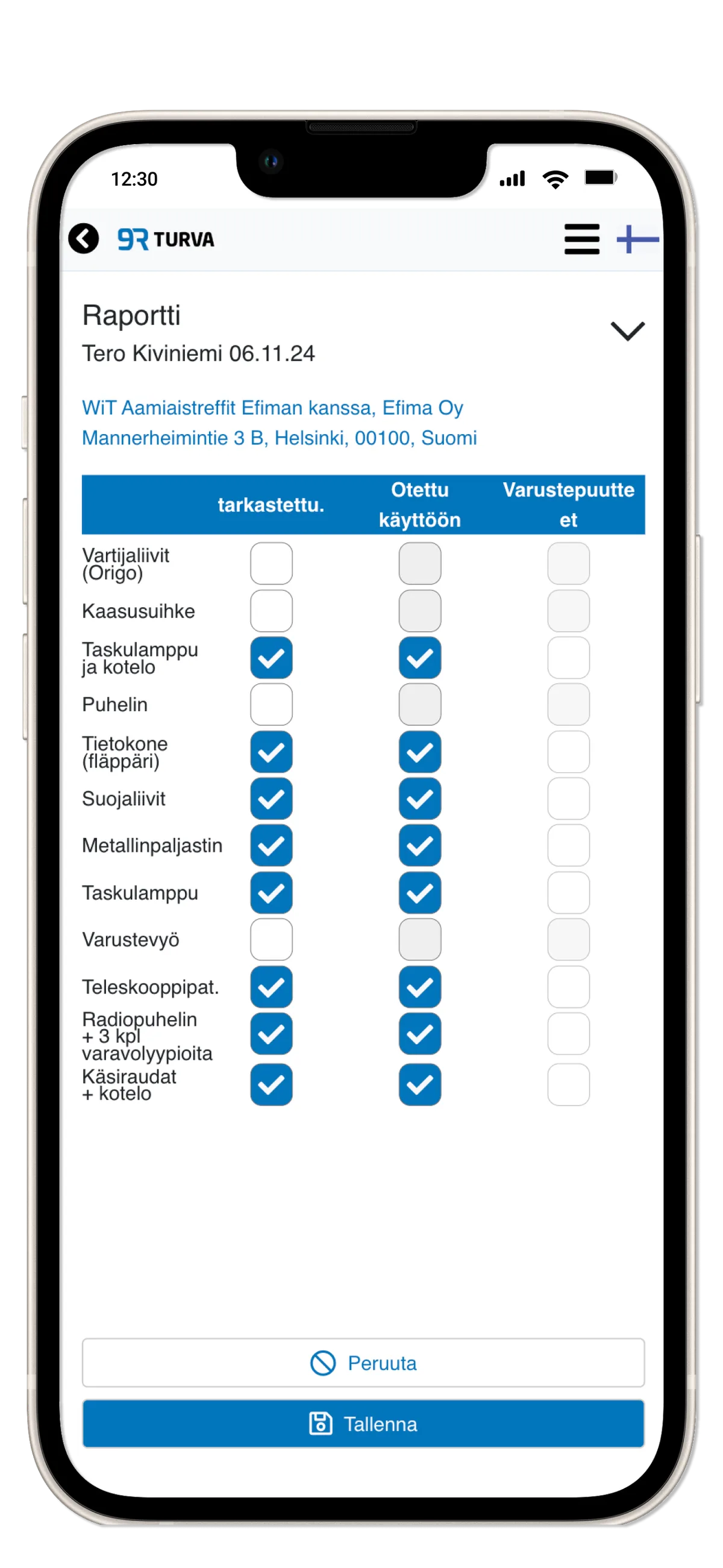 RepSec mobile report equipment checklist in an iPhone frame