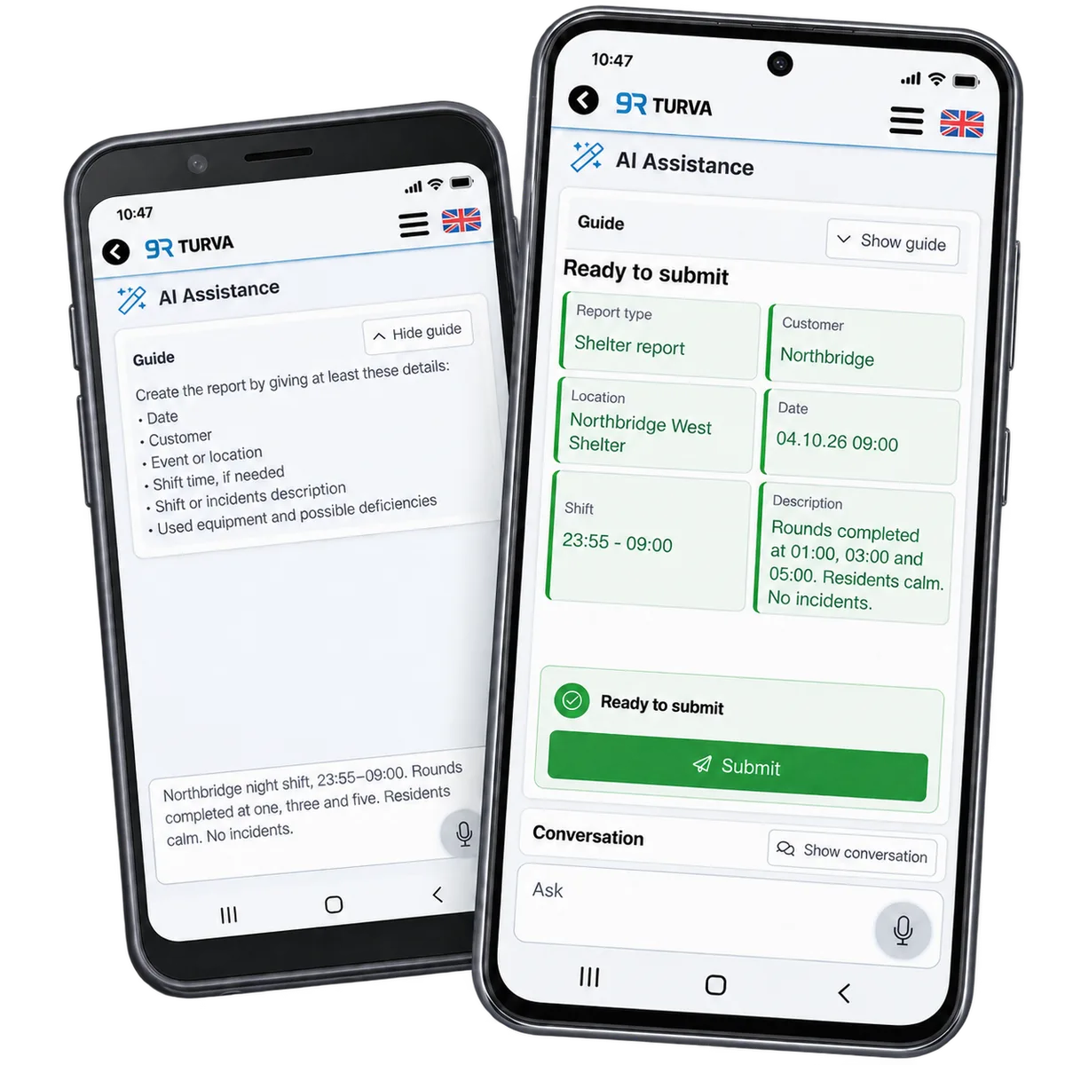 Illustrative RepSec AI Assistant demo: shift notes and a draft ready for review