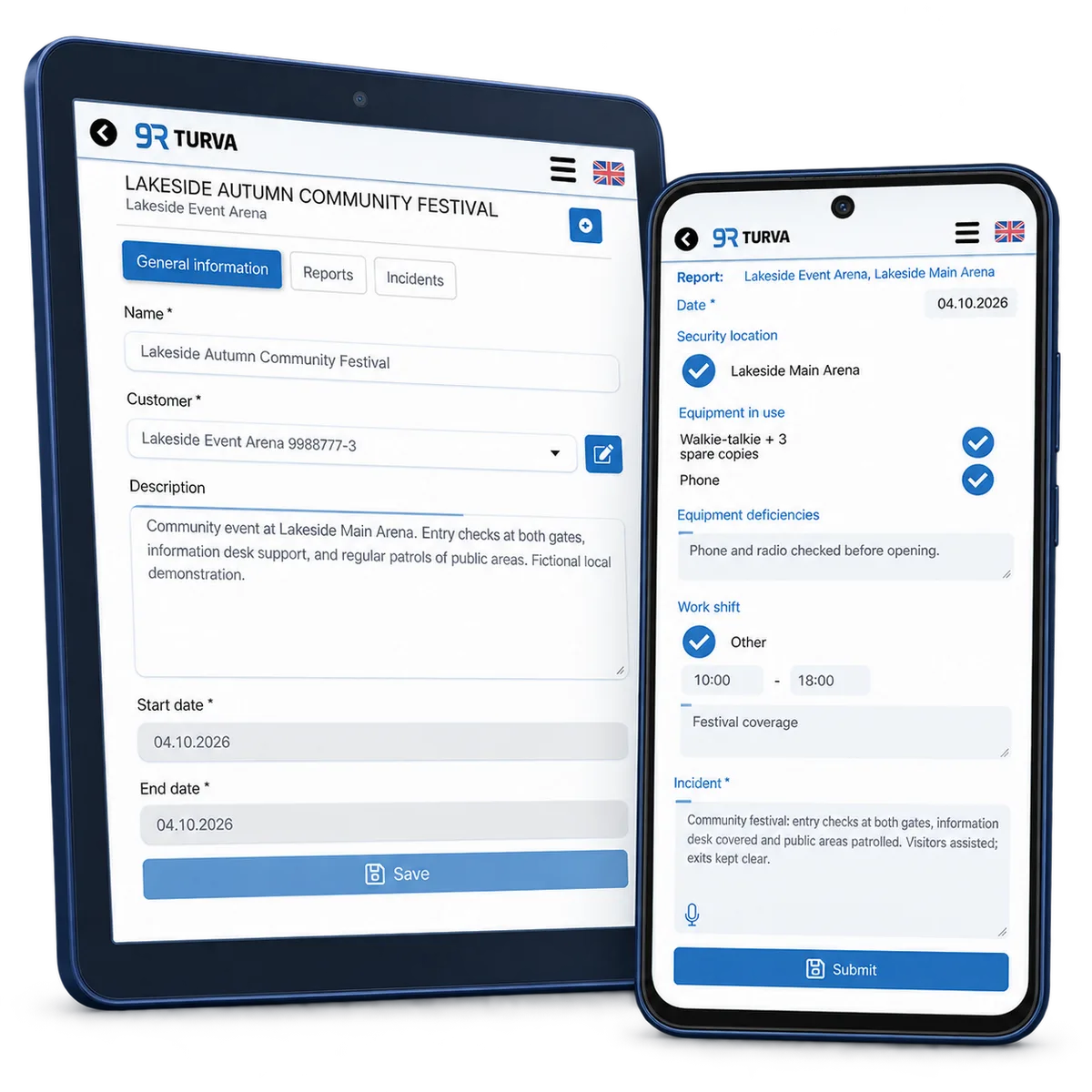 RepSec event briefing on a tablet and a different field report on a phone, with fictional data