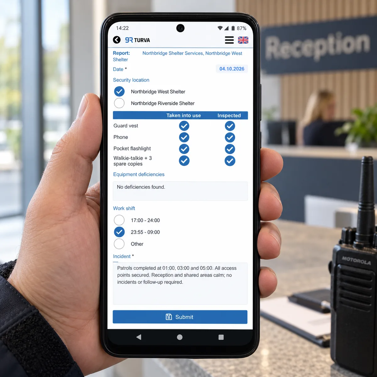 RepSec shift report on a handheld phone