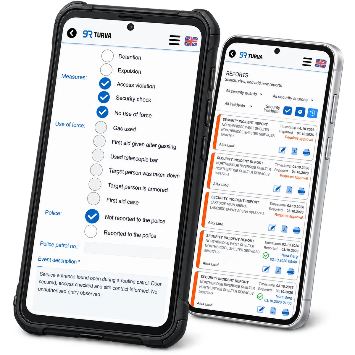 RepSec incident actions and review list on two phones