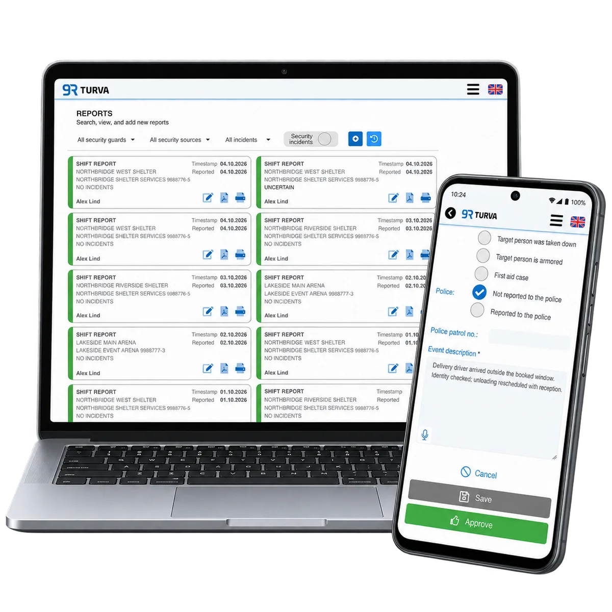 RepSec daily shift reports and a separate incident awaiting approval, with fictional data