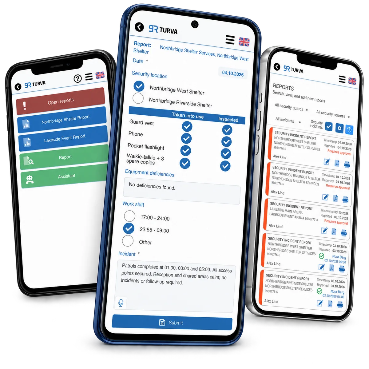 Three RepSec phones showing report selection, shift form and incident list