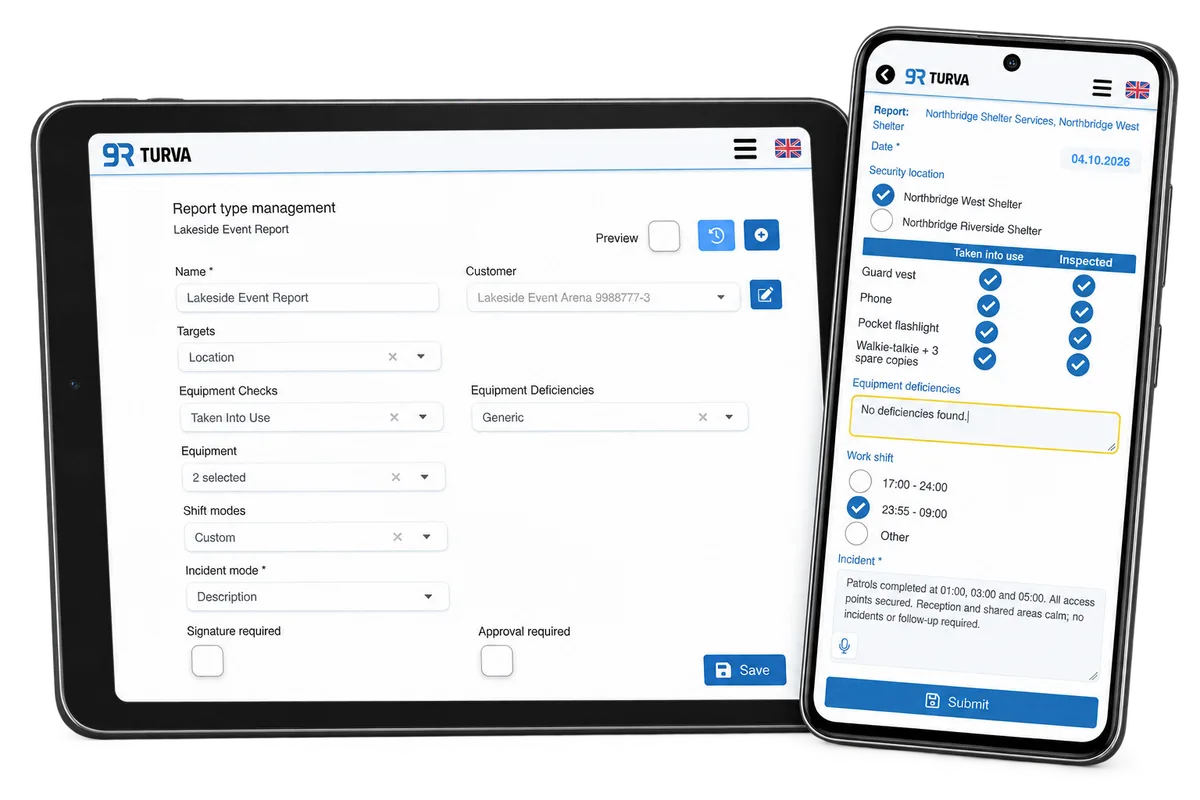 RepSec report configuration on a compact tablet and a mobile form for another fictional customer
