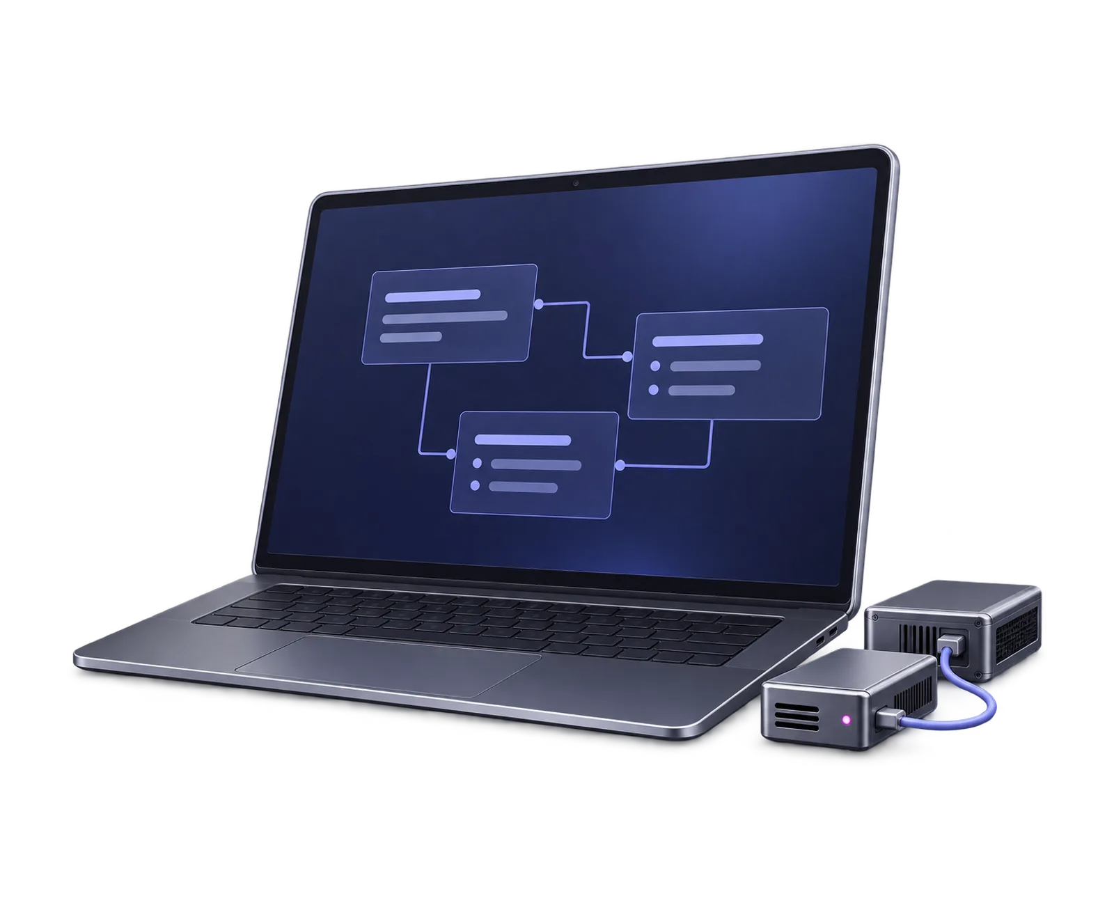 A software development workstation with connected modules in graphite, silver and indigo.