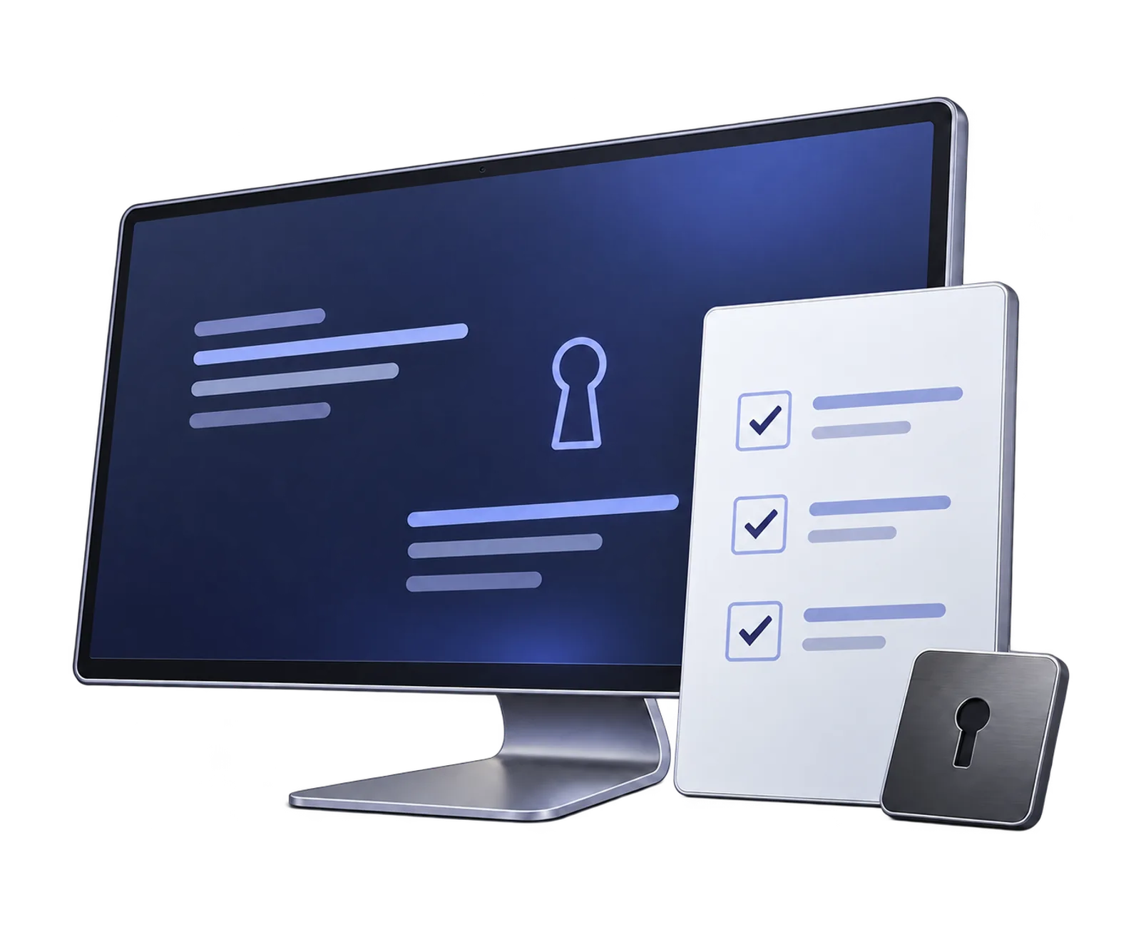 A software licence checklist and workstation in graphite, silver and indigo.