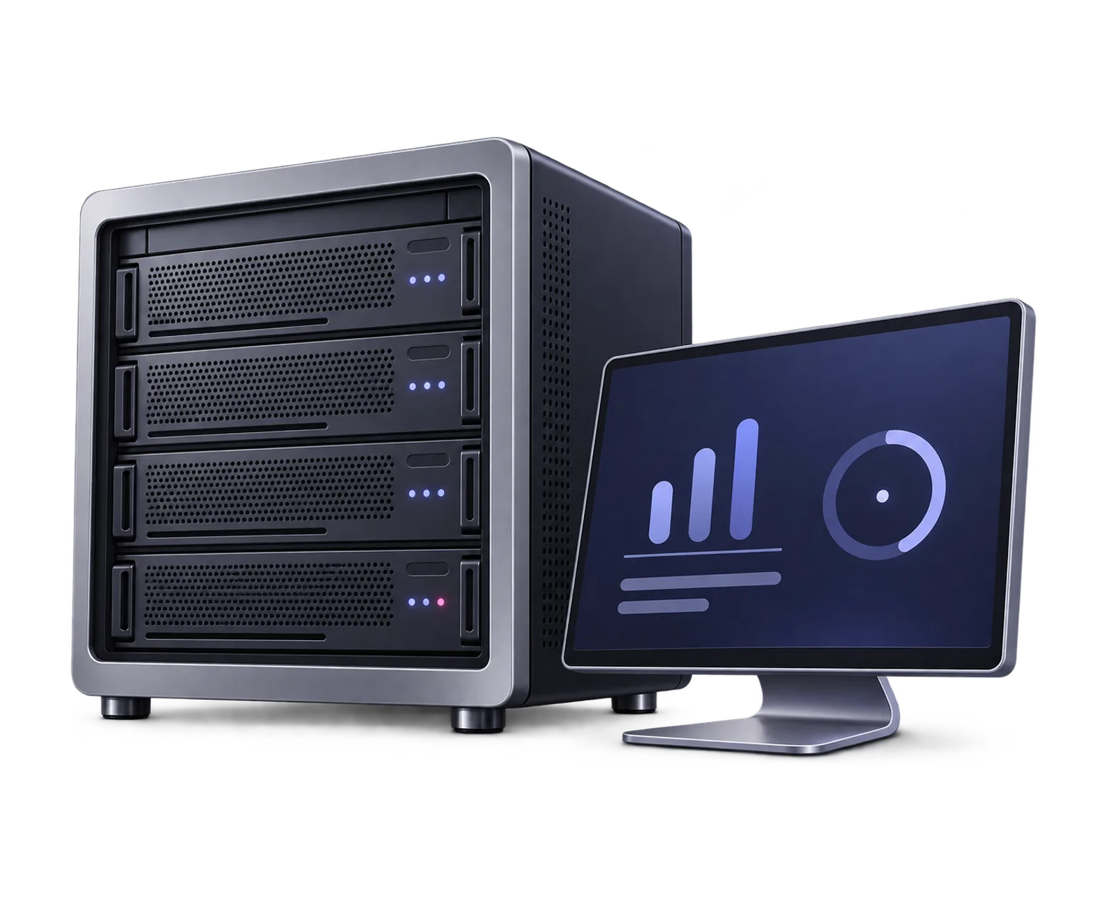 A compact server rack and monitoring screen in graphite, silver and indigo.