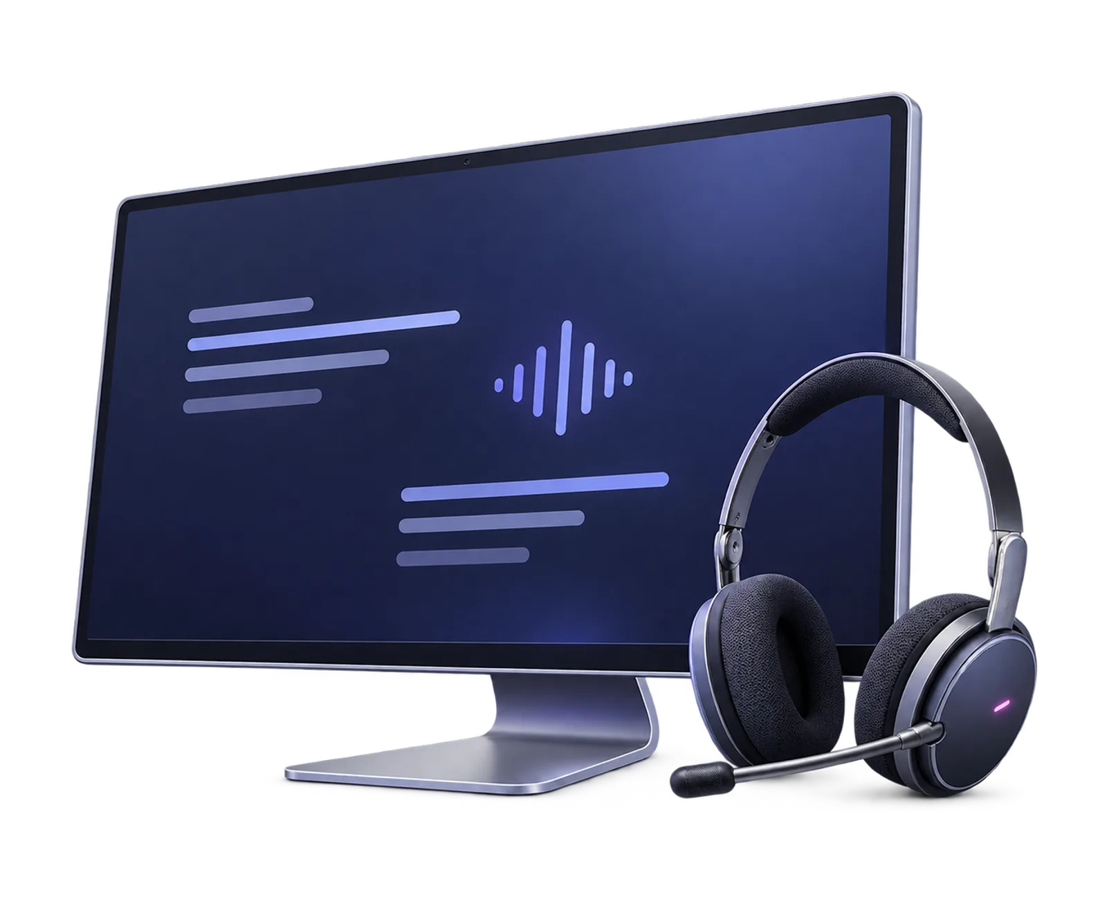 A professional support headset and monitor in graphite, silver and indigo.